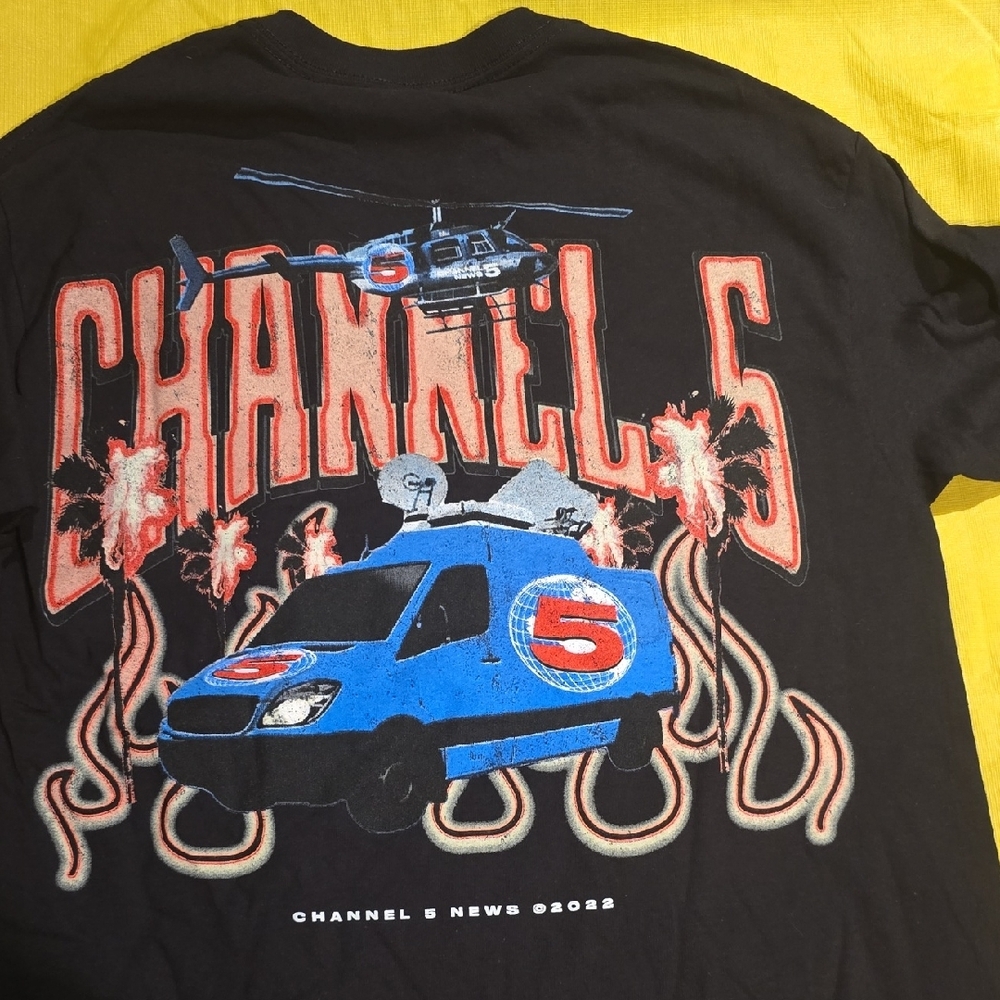 Channel 5 Black Tee with Bold Red Logo